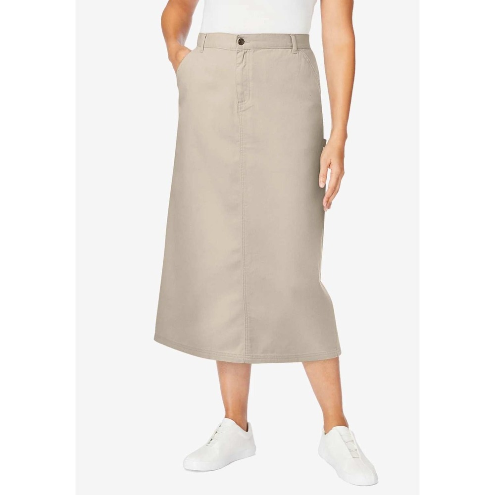 433. Woman Within Khaki Cotton Cargo Midi Skirt Elastic Waist Tan Utility 26W